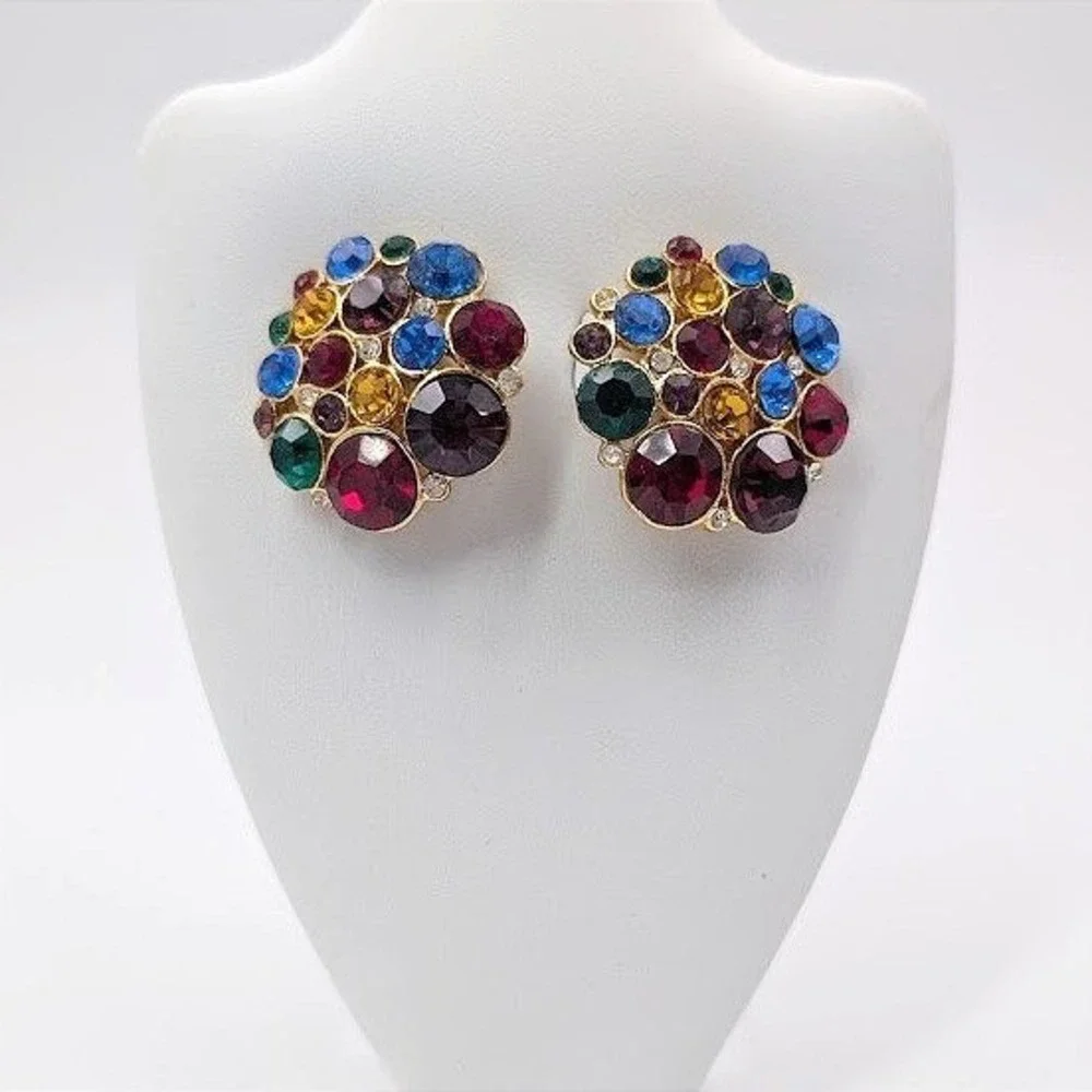 VTG Rhinestone Cluster Earrings Gold Tone‎ Multicolor Pave Clip On Rainbow